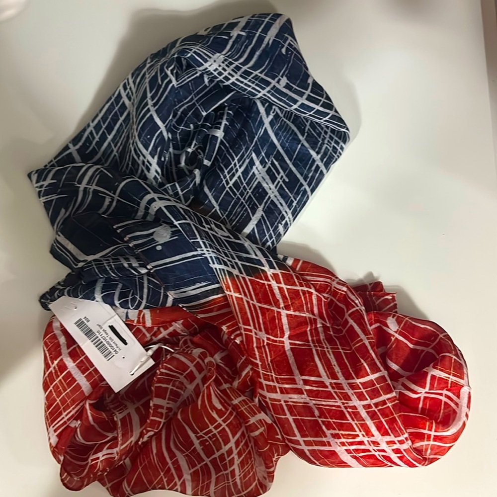TAAGA hand paint silk scarf Red and Blue Patterned with lines 66”L x 42”W